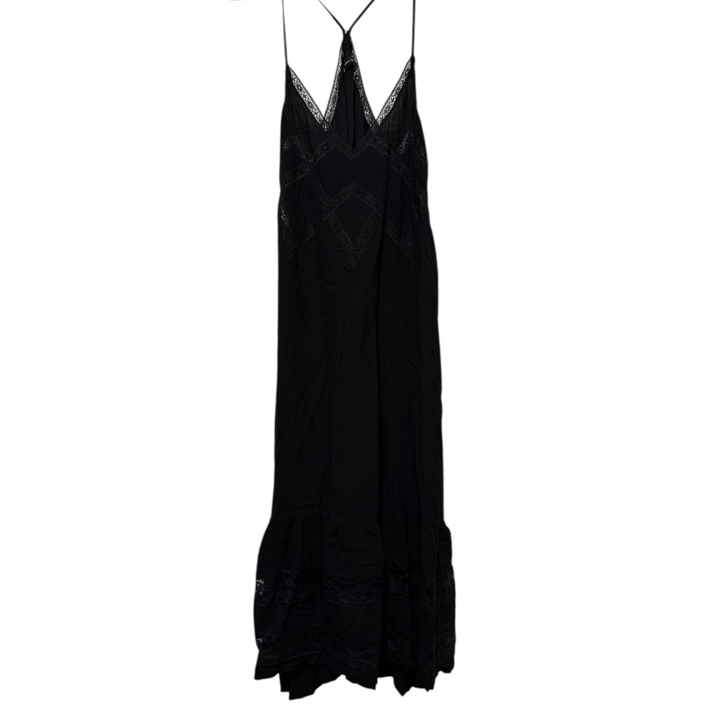 Zara Trafaluc Black Lace Maxi Dress Boho V-Neck T-Strap Sleeveless‎ Small
